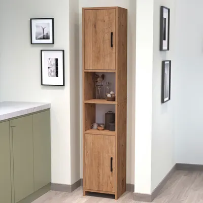 Produktbild von Hochschrank 'Rautrina' Badezimmerschrank mit 2 Türen und 6 Fächern 180 x 35 x 30 cm Eicheoptik