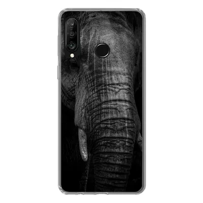 Produktbild von MuchoWow® Handyhülle Schutzhülle Hülle für Huawei P30 Lite Elefant auf schwarzem Hintergrund in schwarz und weiß Silikon Softcase Handy Hülle - Handyhülle