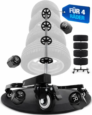 Produktbild von Felgenbaum für Autoreifen - Reifenständer für 4 Reifen, Reifenbaum Fahrbar inkl. 8 Reifenmarkierer - Belastbar bis 150 KG