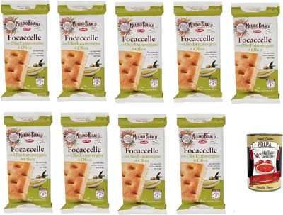 Produktbild von Italian Gourmet Focaccelle mit Olivenöl 9×198 g (italienische Focaccia Snacks mit extra nativem Olivenöl, weiche Salzgebäck Stücke für Snack, Lunch & Party) + Italian Gourmet Polpa