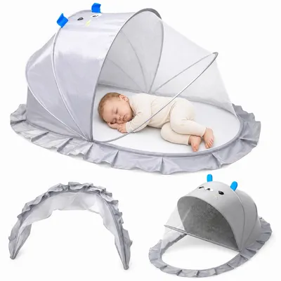 Obrázek produktu pro Moskytiéra pro děti s potiskem (šedá) – skládací, univerzální pro dětskou postýlku o rozměrech 125 x 65 x 60 cm