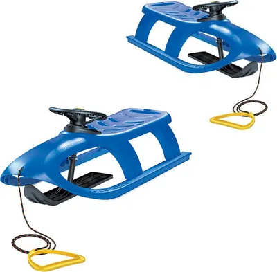 Two blue sleds with yellow pull handles are shown against a white background.