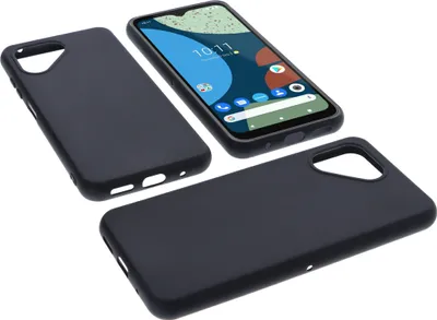 A smartphone and two black phone cases are displayed against a white background.