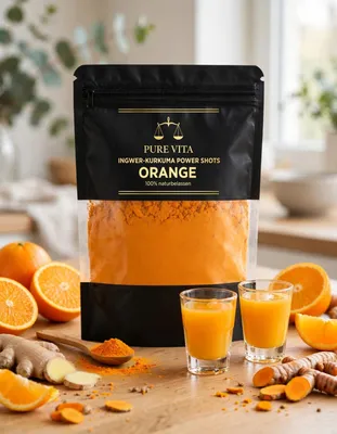 Produktbild von Pure Vita Ingwer-Kurkuma Power Shots I Orange I 30-Tage-Kur I 100% naturbelassenes Pulver