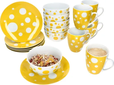 Obrázek produktu pro Pula žlutá 18dílná snídaňová sada porcelánový talíř miska hrnek s puntíky