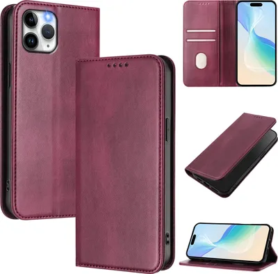 Image de Étui pour iPhone 11 Pro, étui en cuir vintage avec protection RFID, fentes pour cartes, support Rouge
