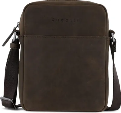 A brown Bugatti crossbody bag is shown against a white background.