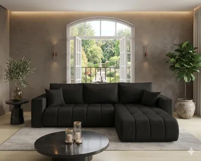 Image de Canapé d’angle LARA PREMIUM droit noir velours Monolith 97 - fonction couchage, coffre de rangement pour la literie