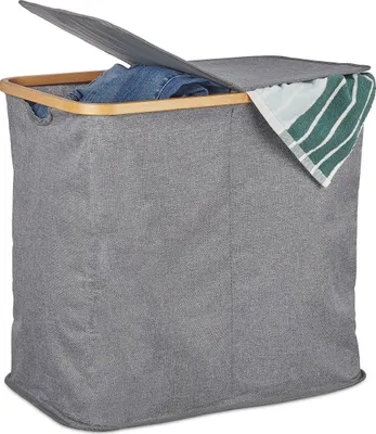 Immagine prodotto di Cesto portabiancheria Relaxdays con coperchio, cesto pieghevole, in bambù e tessuto, cesto separatore a 2 scomparti, 74 litri, grigio