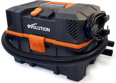A black and orange wet and dry vacuum cleaner with a hose wrapped around it, set against a white background.
