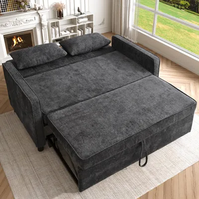 Immagine prodotto di Divano letto a due posti Merax con funzione letto - tessuto ciniglia bianco, schienale regolabile, zona notte e zona giorno 2 in 1, nero