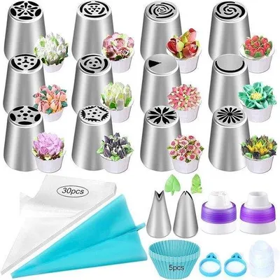 Produktbild von 55 Stück Spritzzubehör für Gebäck, Torte- und Kuchen-Verzierung, Spritzbeutel