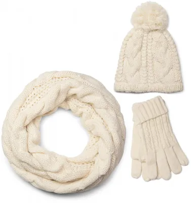Produktbild von styleBREAKER Schal, Mütze und Handschuh Set, Zopfmuster Strickschal mit Bommelmütze und Handschuhe, Damen 01018208