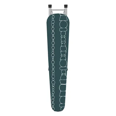 A teal ironing board cover with a white chain-like pattern, resting on a white background.