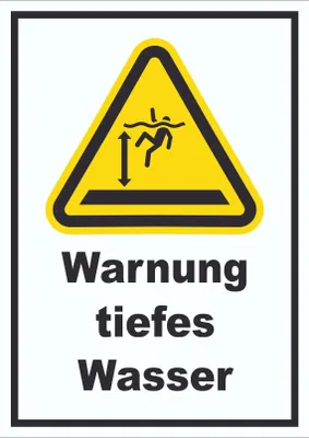 Produktbild von Schild Warnung tiefes Wasser A4 Rückseite selbstklebend
