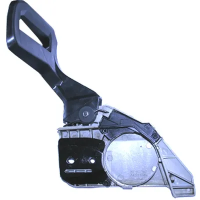 A close-up studio shot of a chainsaw part against a white background.