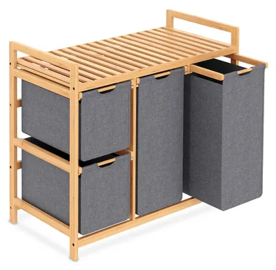Image de Panier à linge avec 3 compartiments, 3 sacs amovibles de 50 litres, en bambou, sur roulettes, idéal pour les chambres et les salles de bain
