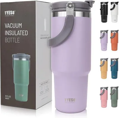 Obrázek produktu pro Termohrnek s izolací 900 ml, nerezová ocel, víčko a náustky, na teplé i studené nápoje, hrnek na vodu, kávu nebo ledový čaj (fialový)