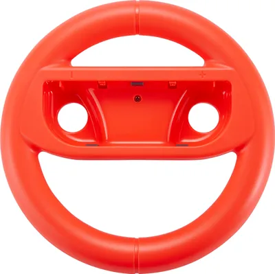 A single orange steering wheel accessory for a gaming console.