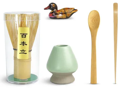 Productafbeelding van 5-delige Matcha-theeset, bamboe en keramiek, traditionele theeceremonie, gereedschap