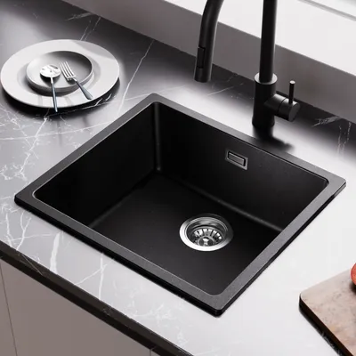 Produktbild von AuraLum Granitspüle Spülbecken 50 x 44 cm, Schwarz Spüle Granit, Küchenspüle Rechteckig Waschbecken Küche Einbauspüle