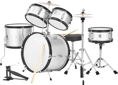 Produktbild von Kinderschlagzeug-Set - 5-teiliges Drumset - Für 6–13 Jahre - Bassdrum 40,6 cm - Snare 25,4 cm - Toms 20,3/25,4 cm - Standtom 33 cm - Crash 25,4 cm & Hi-Hat 20,3 cm - Silber