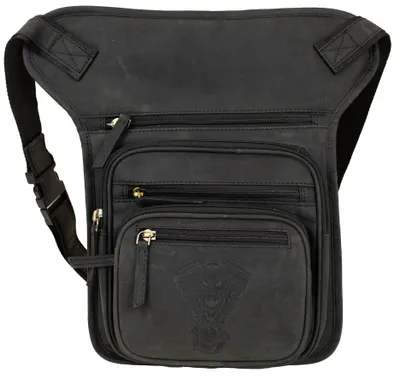 Produktbild von Biker Leder Beintasche Motorrad Tasche Hüfttasche Totenkopf V-Twin Prägung(Schwarz)