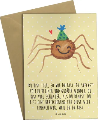 Produktbild von Mr. & Mrs. Panda Glückwunschkarte Spinne Agathe Party - Gelb Pastell - Geschenk, Wunder, einladungskarten, hochzeitskarten, weihnachtskarten, Glück, Selbstliebe