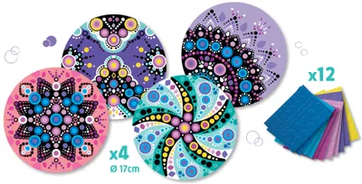 A collection of four circular mandala-style mosaic art pieces and a stack of colorful foam sheets.