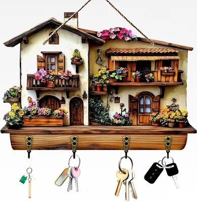 Produktbild von Schlüsselbrett Modern, Holz Schlüsselablage Flur mit 4 Schlüsselhaken, 2D Gartencottage-Design Schlüsselleiste Schlüsselhalter Wand, Schlüsselaufbewahrung für Zimmer Eingangsbereich Hut Regenschirm