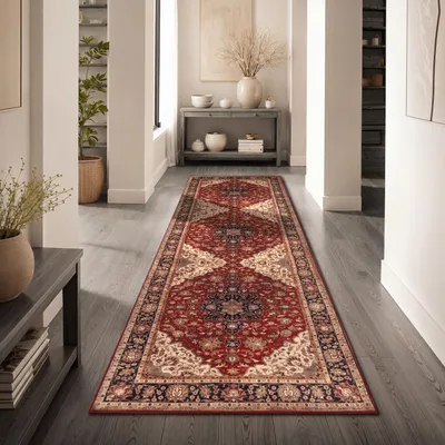 Produktbild von Vintage orientalischer Wohnzimmerteppich waschbar Kurzflor rutschfest rot Beige Bunt Gold Grösse 80x150 cm