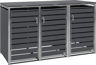 A three-unit trash bin enclosure with a metallic frame and slatted anthracite doors.