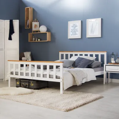 Produktbild von Homestyle4u 1843, Holzbett 140x200 cm Weiß, Doppelbett mit Lattenrost, Kiefer Massivholz