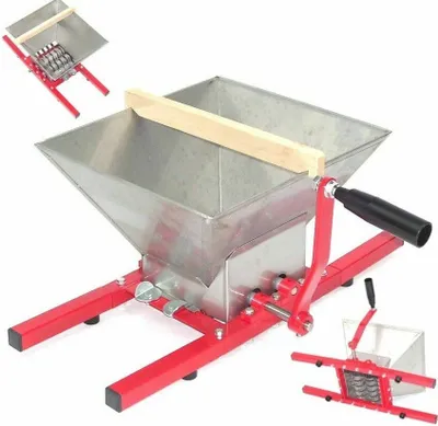 A fruit crusher/muller with a red base and silver hopper, shown against a white background. Inset images show different angles of the product.