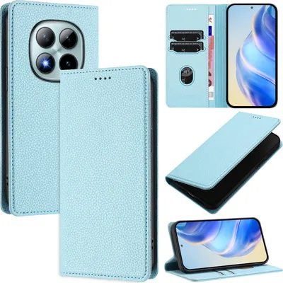 Produktbild von Litchi Leder Handyhülle für Xiaomi Redmi Note 15 Pro+ Wallet Kartenfächer Standfunktion Hülle Hellblau