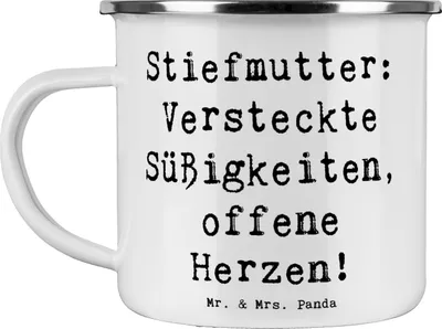 Produktbild von Mr. & Mrs. Panda Emaille Tasse Spruch Stiefmutter Herzen - Weiß - Geschenk, Liebe, Pott, Stiefkind, Geburtstage, Bonusmutter, Becher, Familie, Freude, Herz, Teetasse