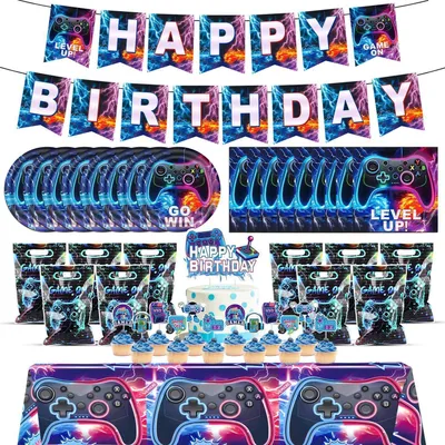 Immagine prodotto di Set di decorazioni per feste a tema videogiochi, ideale per una festa di compleanno per un ragazzo, completo di sacchetti regalo
