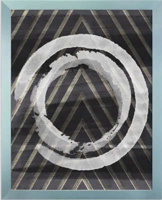 A framed artwork with a circular design on a striped background.