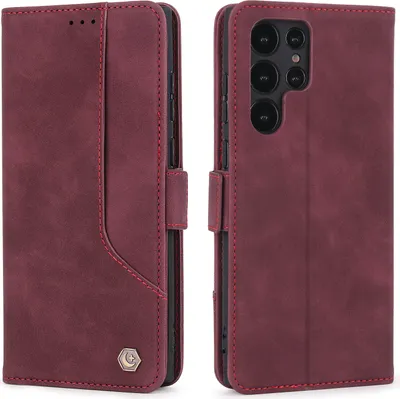Produktbild von Galaxy S22 Ultra 5G Hülle, Retro Kunstledertasche Schutzhülle mit Kartenfach Standfunktion für Samsung Galaxy S22 Ultra 5G Rot