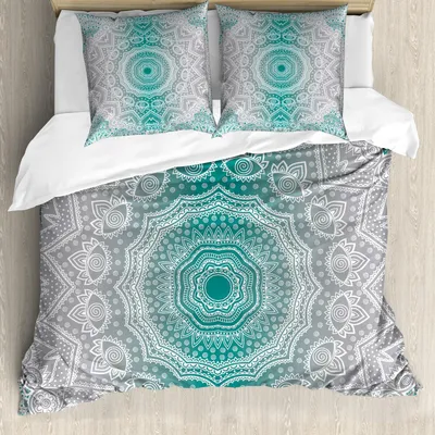 Produktbild von ABAKUHAUS Grau und Teal Bettbezug Set, Spiritualistscher Muster Turkiser Farbübergang Buddhismus Hinduismus Druck, 200 x 200 cm + 80 x 80 cm, Grau Teal