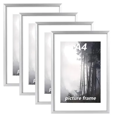 Imagen del producto de Juego de 4 marcos para fotos en formato A4, color plateado, con cristal acrílico resistente a golpes