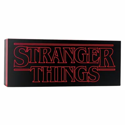 A black rectangular object with the red 'Stranger Things' logo on it, presented against a white background.