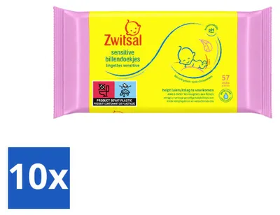 Image de 10 paquets de lingettes pour bébé Zwitsal Sensitive, pour les peaux sensibles, contenant 57 lingettes chacune - Pack économique - 10 pièces