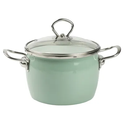 A light green pot with a glass lid and silver handles, shown against a white background.
