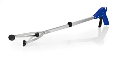A long reach grabber tool with a blue handle and silver shaft, shown against a white background.