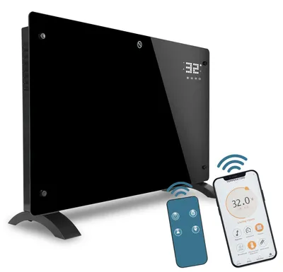 Obrázek produktu pro Ikodm Elektrické topení 2000W, černá, konvektorový ohřívač, Wi-Fi aplikace, dotykové ovládání, rozsah teplot 5–50°C, časovač 24 hodin, ochrana IP24, mobilní provedení s kolečky