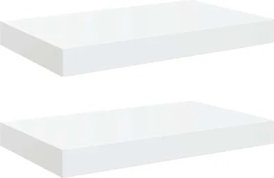 Two white shelves are shown against a white background.