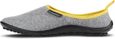 A side view of a gray slipper with a yellow trim and a black sole.
