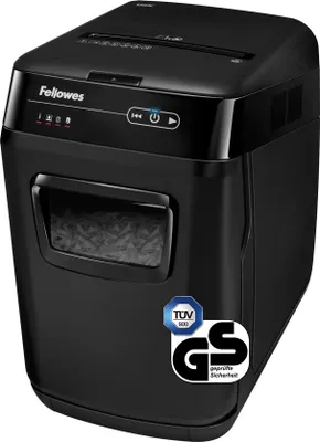 A black Fellowes AutoMax 130C paper shredder is shown from a front-side angle against a white background. It has a clear window to view the shredded paper inside and control buttons on top. There are two certification logos on the front of the shredder.