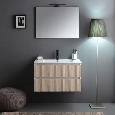 Immagine prodotto di Mobile bagno cannettato 80cm bianco e rovere con  specchio 80x60 | Bilbao